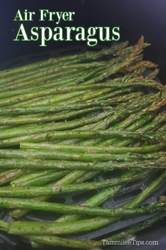 Air fryer asparagus over asparagus stalks in the air fryer basket