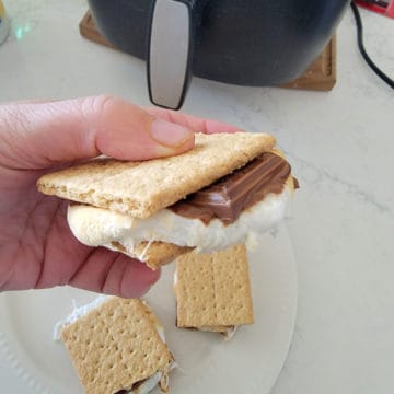 Hand holding a smores next to an air fryer