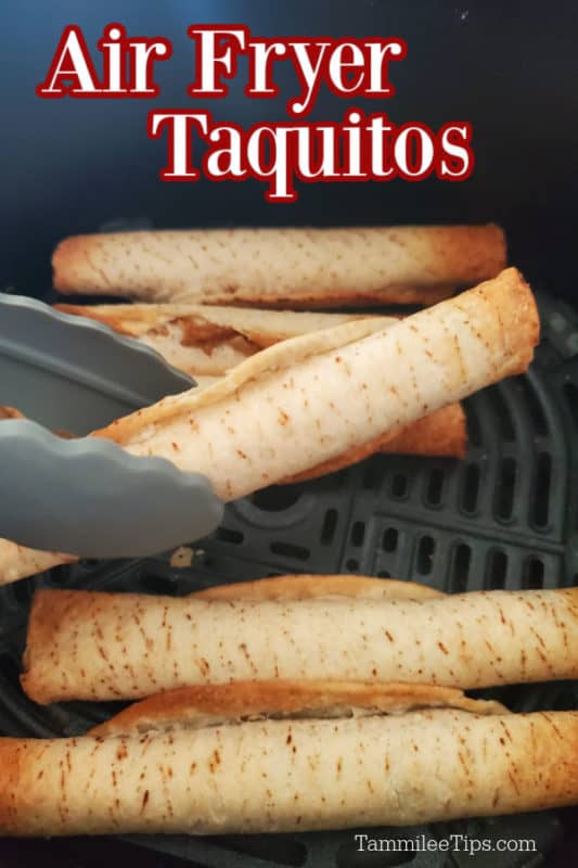 Air Fryer taquitos over a pair of tongs picking up taquitos from the air fryer basket