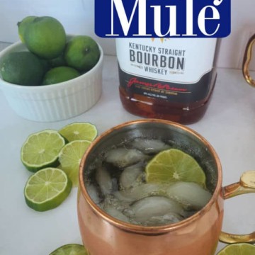 kentucky mule text over a mule mug with limes and a bottle of jim beam