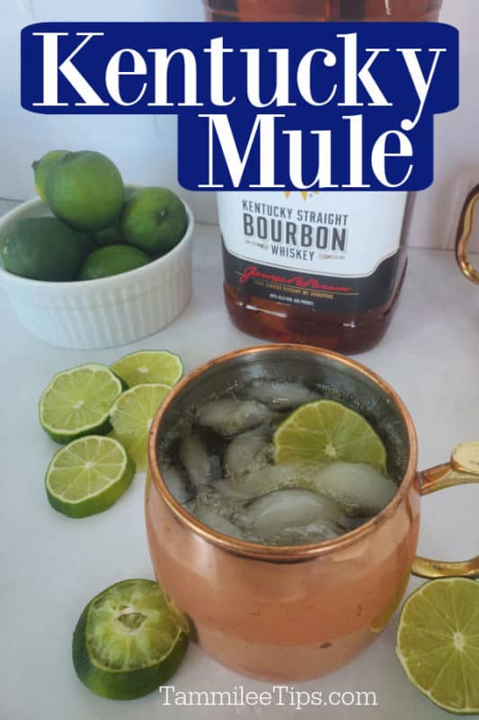 Kentucky Mule text written at the top with a copper mug filled with a kentucky mule cocktail surrounded by lime wheels. 