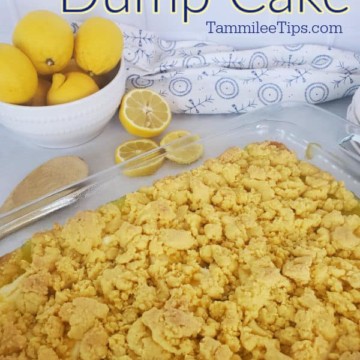 Lemon Dump Cake text over a cake pan with lemon cake near lemon slices and lemons