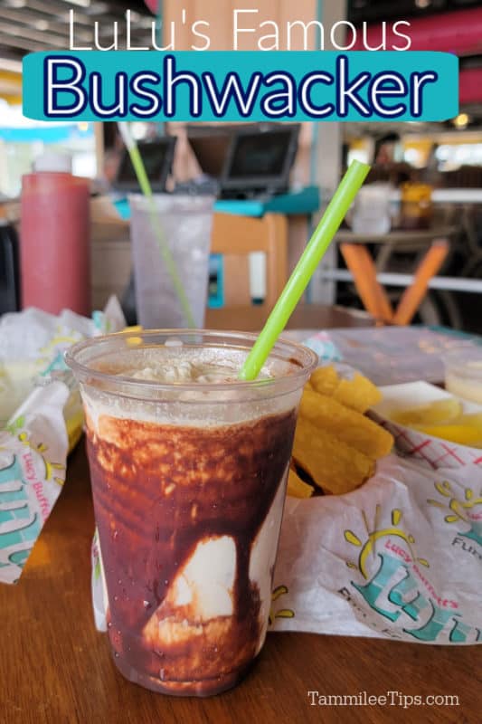 LuLu's Famous Bushwacker text over a plastic cup with chocolate Bushwacker and a green straw