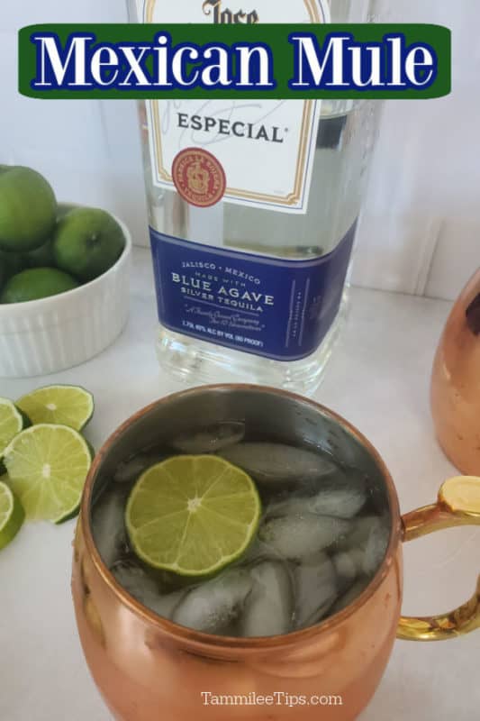Mexican Mule text over a bottle of Jose Cuervo tequila and a copper mule mug and limes
