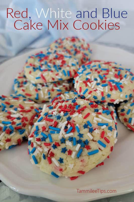 Red white and blue cake mix cookies text over a white plate with cookies