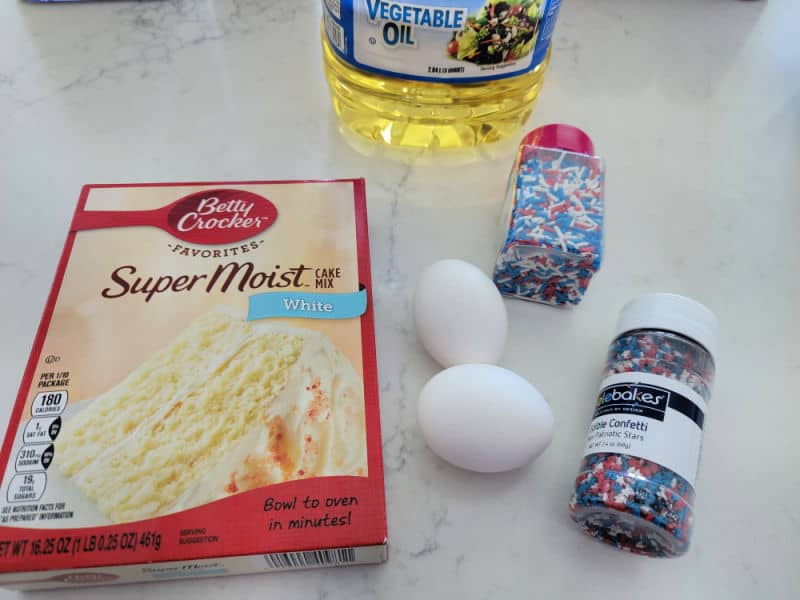 white cake mix, vegetable oil, eggs, and red white and blue sprinkles