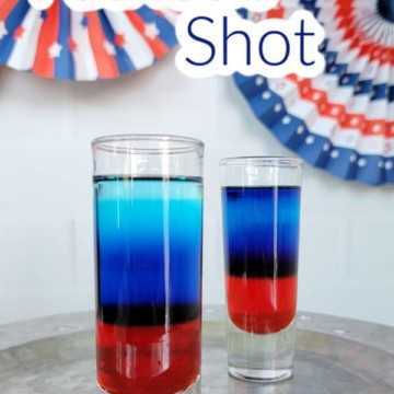 Patriotic Shot text over a red white and blue layered shot