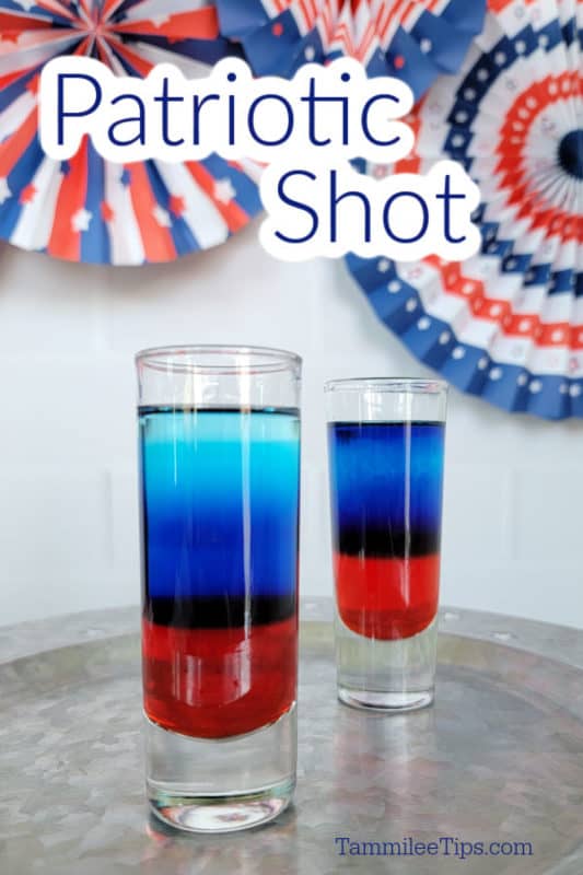 Patriotic Shot text over a red white and blue layered shot