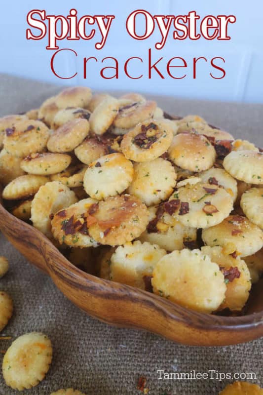 Spicy Oyster Crackers over spicy oyster crackers in a wooden bowl on a burlap cloth