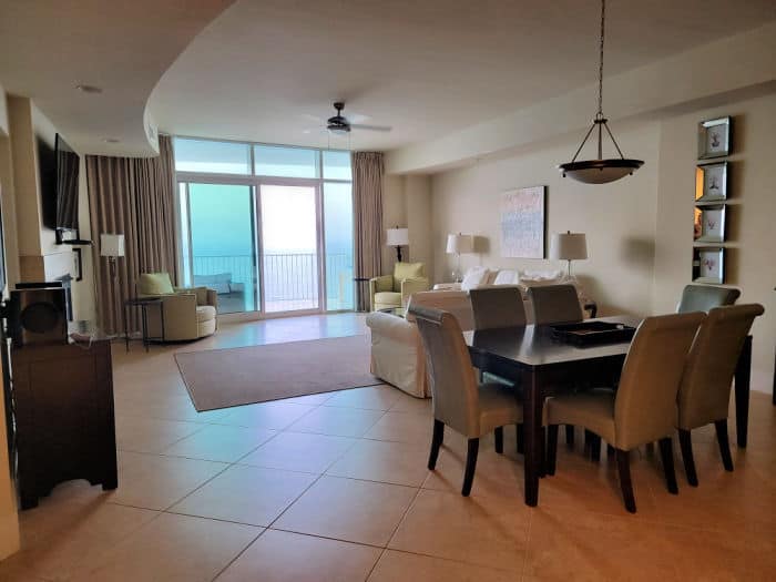 dining room and living room area with a view of the Gulf of Mexico