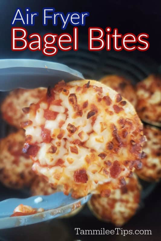 Air Fryer Bagel Bites text over a pair of tongs holding a pizza bagel bite over the air fryer basket