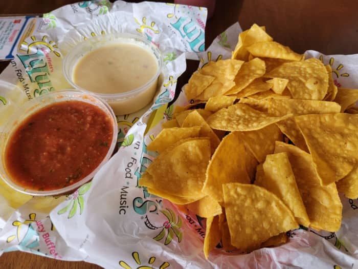 LuLu's tortilla chips with salsa and white queso 