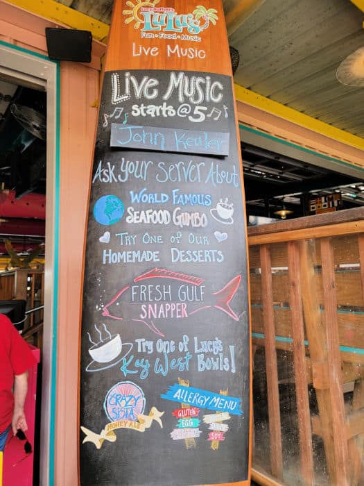 LuLu's wooden surfboard with music and food specials