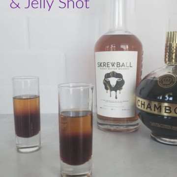 Peanut Butter and Jelly Shot text over two PB&J shots and a bottle of skrewball peanut butter whiskey