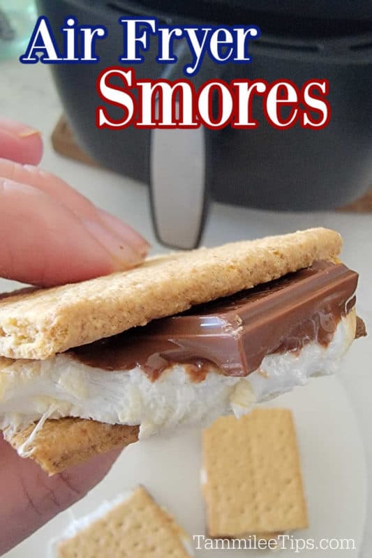 Air Fryer Smores text over a hand holding a smore and the air fryer