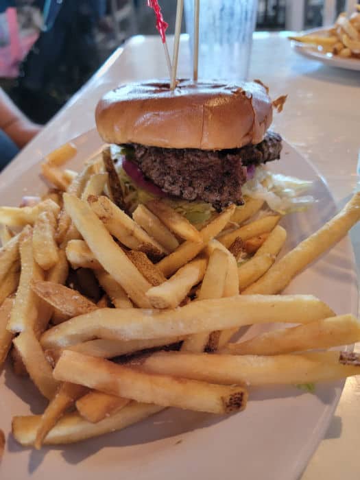 hamburger and fries on a white plate