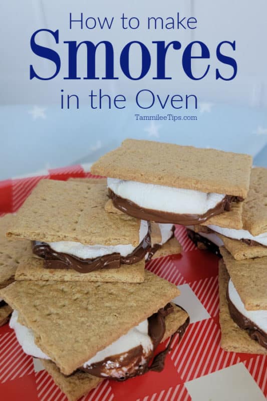 How to make smores in the oven text over a plate with oven smores