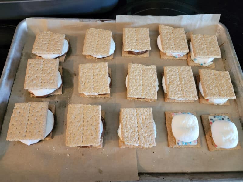 Oven smores on a parchment lined baking sheet 