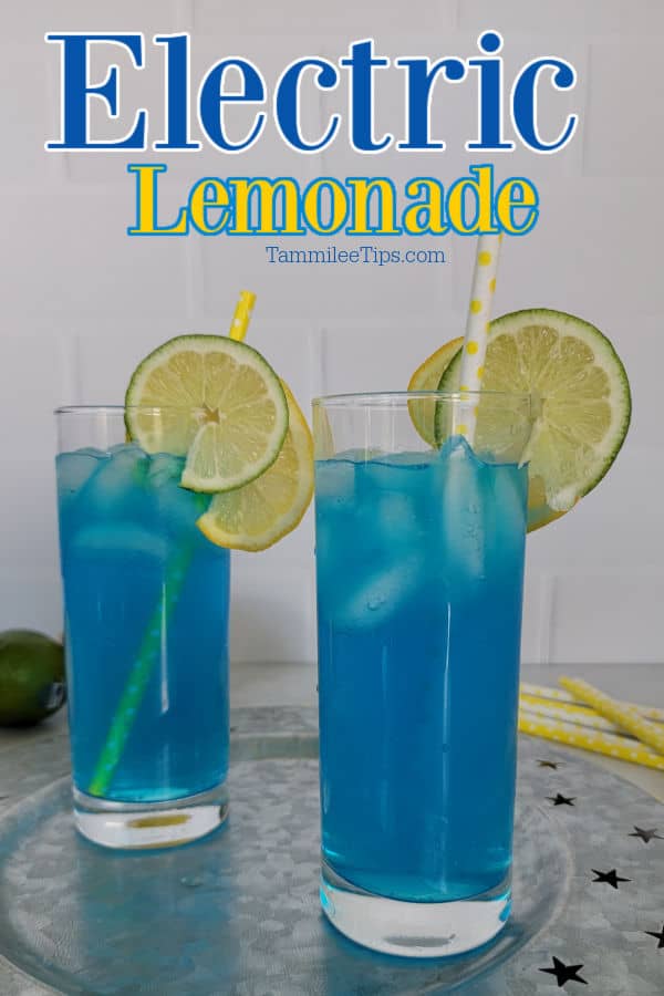 Electric Lemonade Text printed over two electric blue cocktails in tall glasses