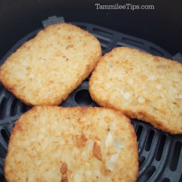 Air Fryer Frozen Hashbrowns text over three hashbrown patties in the air fryer