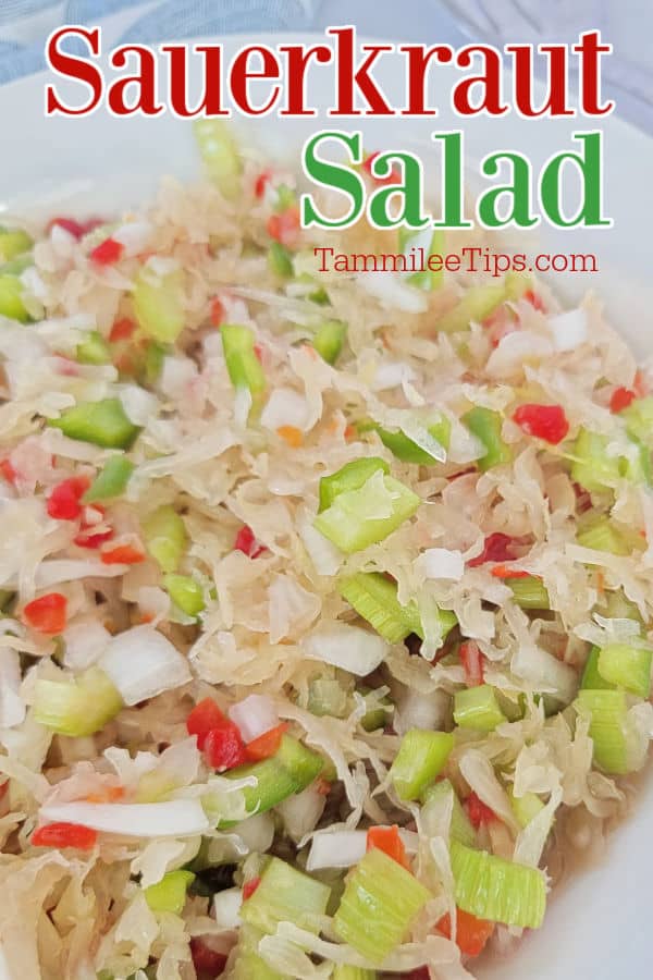 Sauerkraut Salad text over a white bowl filled with sauerkraut salad