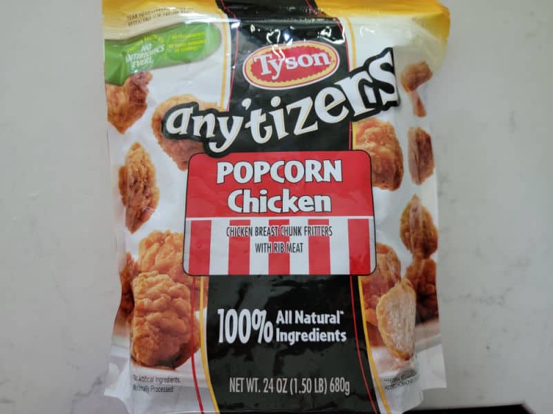 Tyson Anytizers Popcorn Chicken bag on a counter