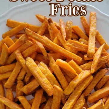 Air Fryer Sweet Potato Fries text over a large pile of sweet potato fries on a white plate