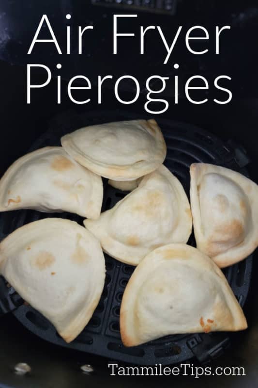 Air Fryer Pierogis text over an air fryer basket with frozen piergoies