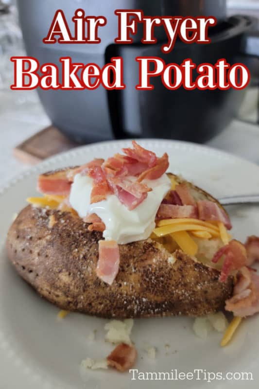 Air Fryer baked potato over a potato with sour cream, bacon, and cheese next to an air fryer