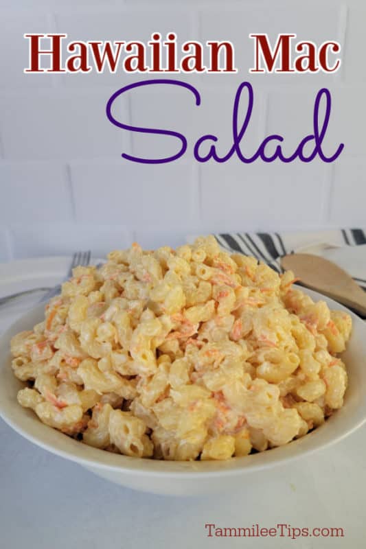 Hawaiian Mac Salad over a white bowl with mac salad and a wooden spoon