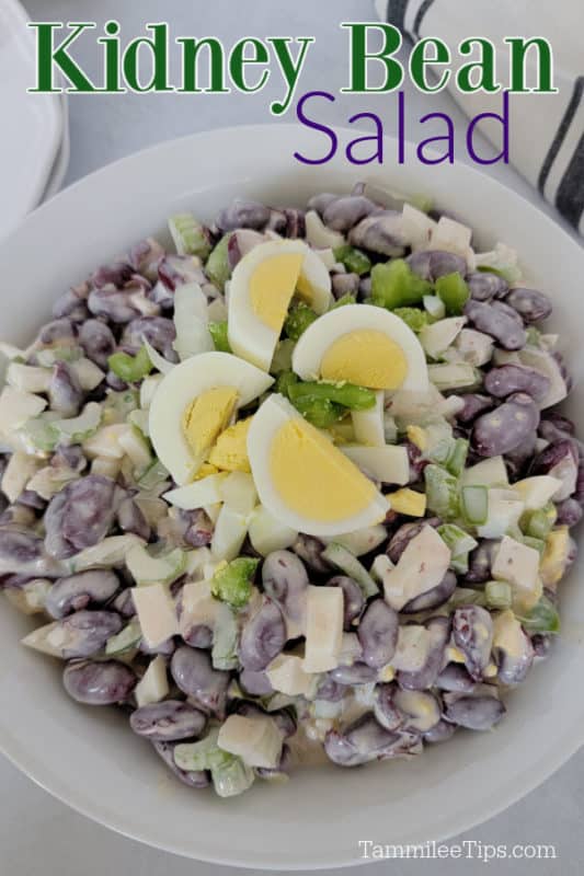 Kidney Bean Salad over a white bowl filled with salad and hard boiled egg pieces