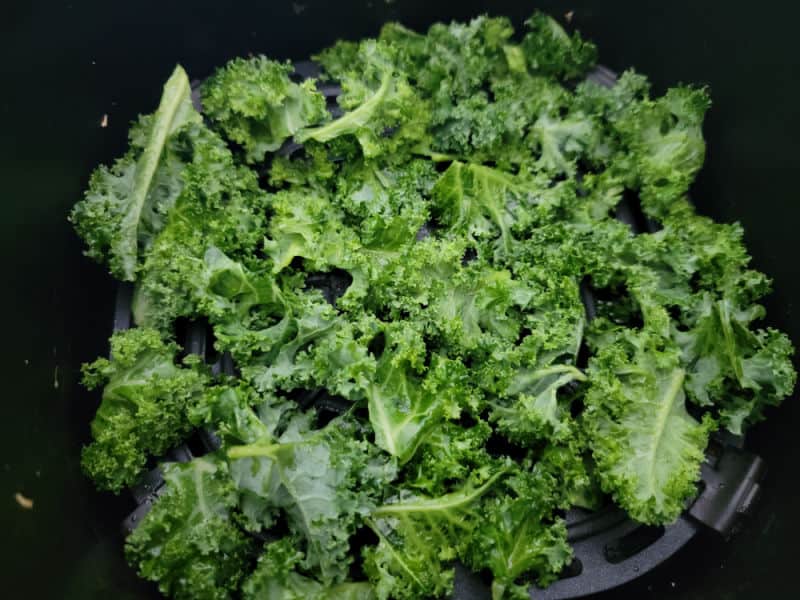 chopped kale in an air fryer basket for kale chips