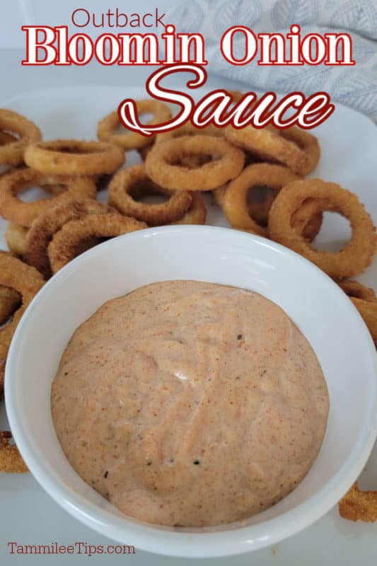 Outback Bloomin Onion sauce over a white bowl with sauce surrounded by onion rings