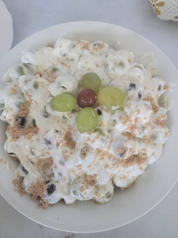 grape salad in a white bowl 