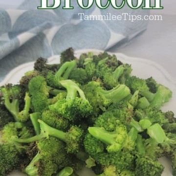 Air Fryer Broccoli text over a white plate with air fried broccoli