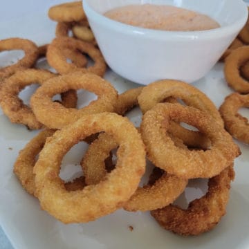 a plate with onion rings and dipping sauce in a bowl