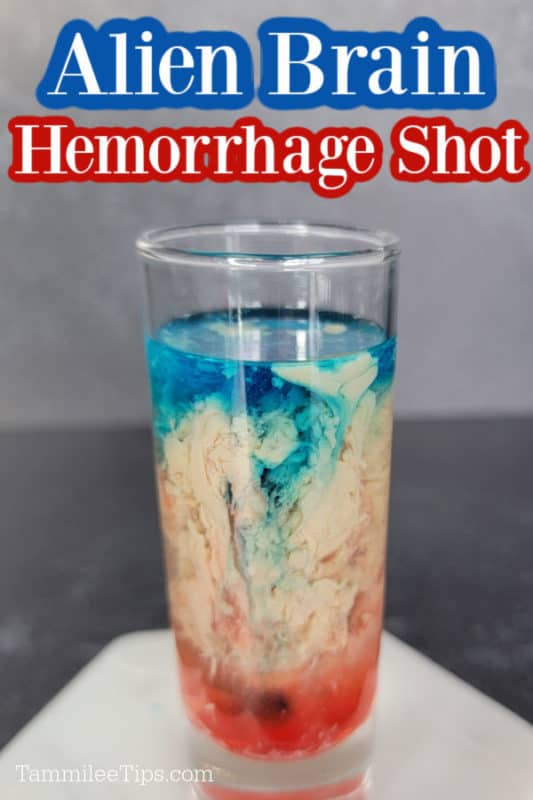 Alien Brain Hemorrhage Shot text over a red, cream, and blue cocktail shot on a coaster