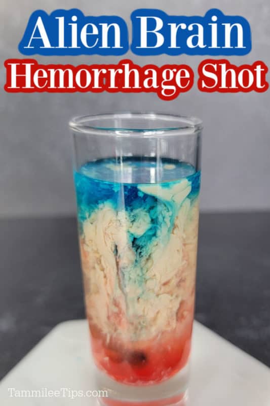 Alien Brain Hemorrhage Shot over a blue, cream, and red layered shot