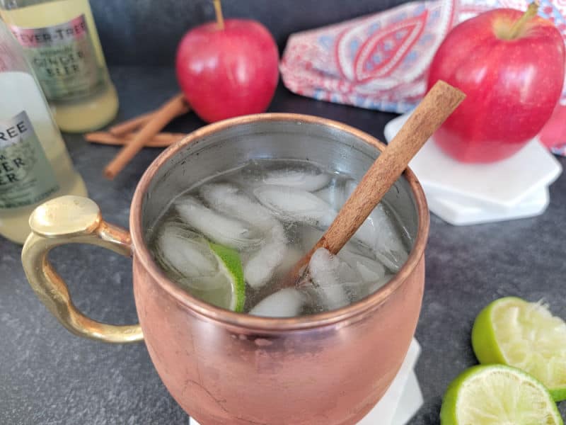 Cinnamon stick in a mule mug with liquid and ice. Next to lime wheels, apples, and ginger beer