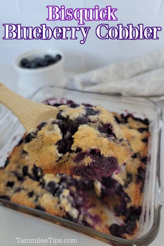 Bisquick Blueberry Cobbler text over a glass baking dish with cobbler and a wooden spoon, bowl of blueberries in the background 