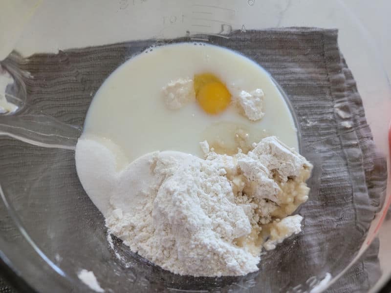milk, egg, and dry mix in a glass bowl