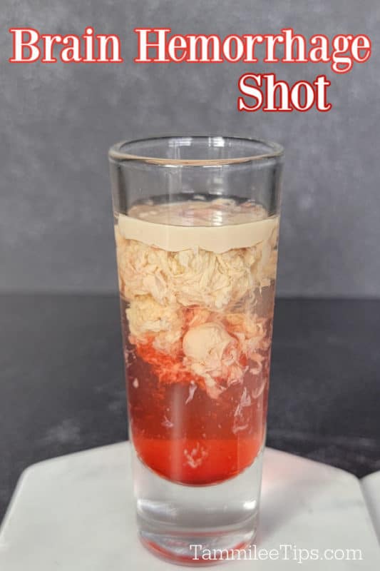 Brain Hemorrhage Shot over a cream and red liquid shot on a white coaster 