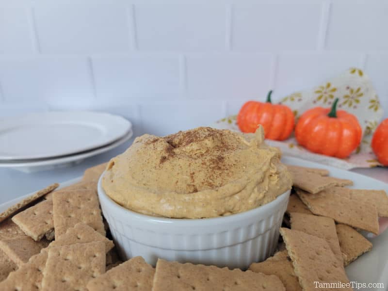 Pumpkin cheesecake dip in a white bowl surrounded by graham crackers