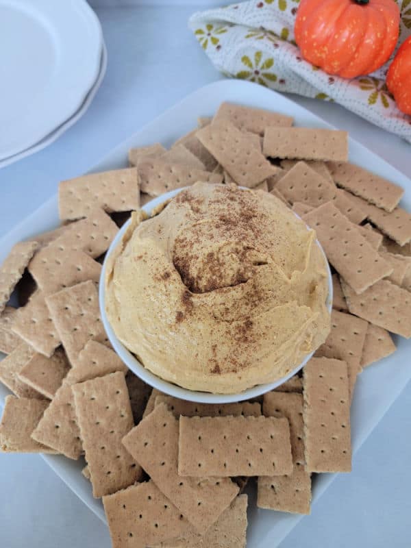 pumpkin cream cheese dip garnished with ground cinnamon in a white bowl surrounded by graham crackers