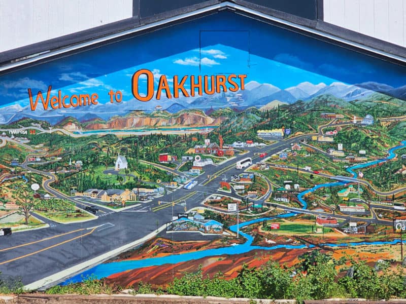 Welcome to Oakhurst mural with buildings and main roads showing