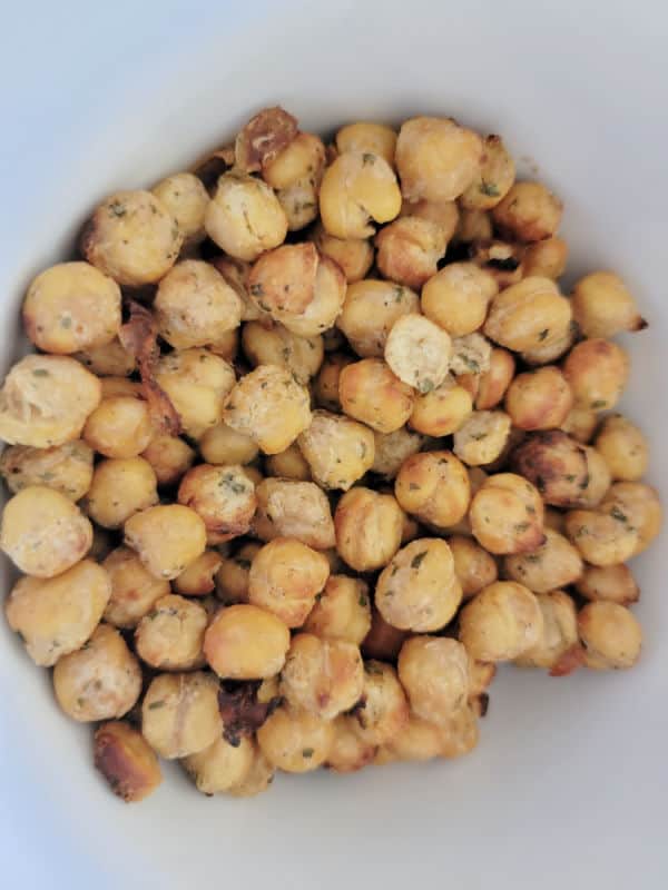 air fried chickpeas in a white bowl 