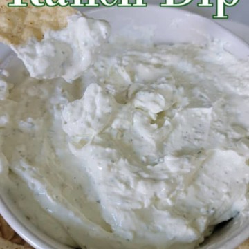 3 Ingredient Ranch Dip text over a white bowl with dip and tortilla chips