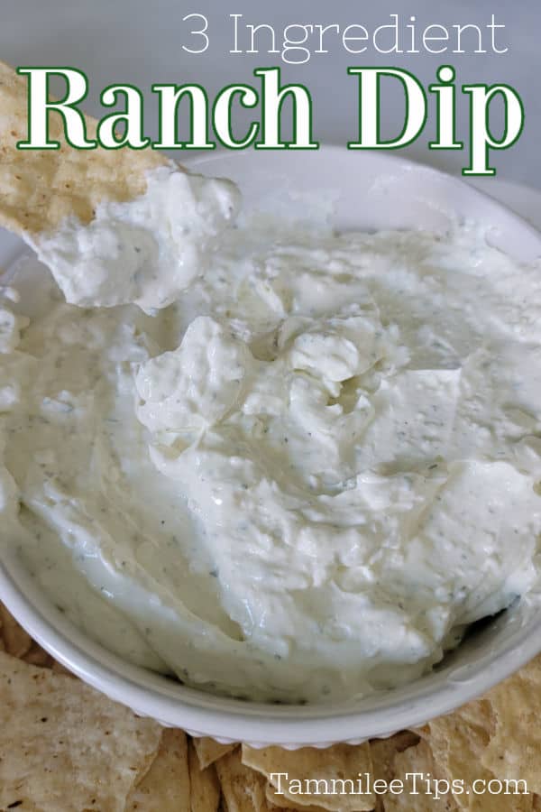 3 Ingredient Ranch Dip text over a white bowl with dip and tortilla chips