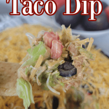 7 Layer Taco dip text over a chip scooping dip