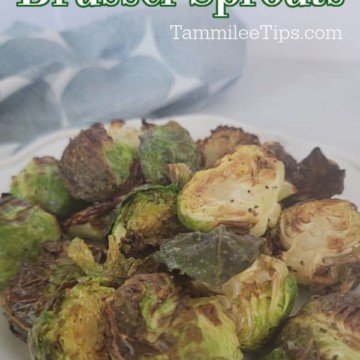Air Fryer Brussel Sprouts text over a white plate with air fried brussel sprouts